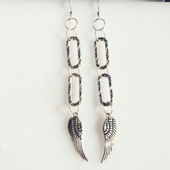 Conceptual Subculture Jewelry - Long Silver Drop Earrings Angel Wings Handmade